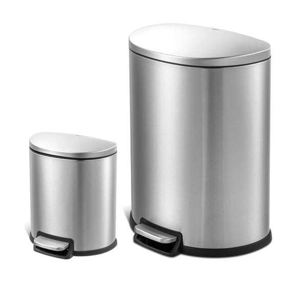 Qualiazero Kitchen Bathroom Trash Can Combo, 13.2 Gallon and 1.6 Gallon Stainless Steel Step Garbage Bin with Soft Close Lid, Silver