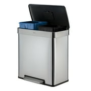 Qualiazero Kitchen Trash Can, 16 Gallon Stainless Steel Step Dual Compartment Reclcying Garbage Bin with Soft Close Lid, Silver