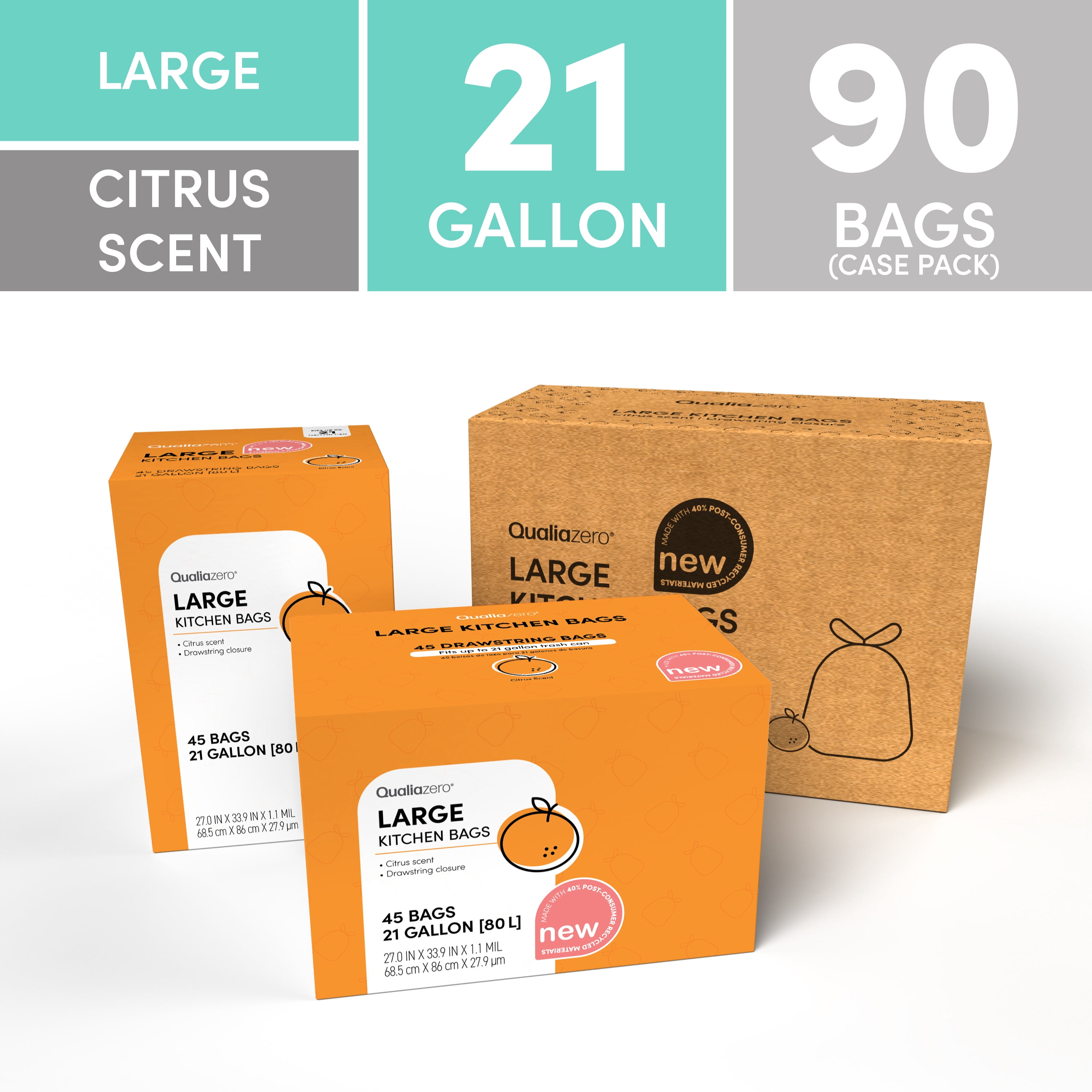 QualiaZero, 21 Gallon Drawstring Trash Bag, Citrus Scent, White