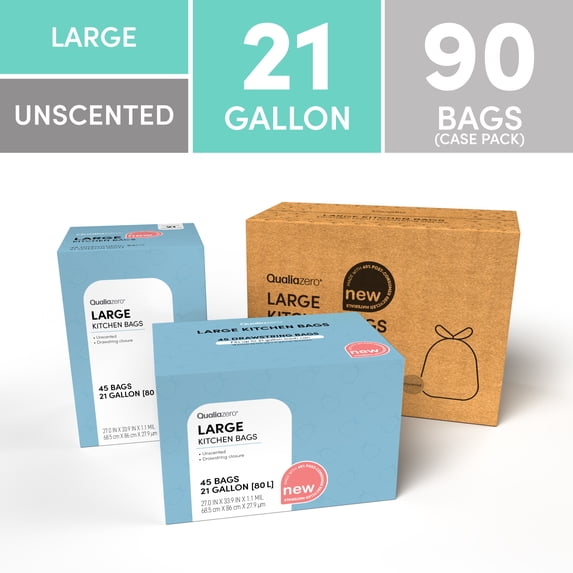 Qualiazero Unscented 21 Gallon Drawstring Trash Bags, 90 Count