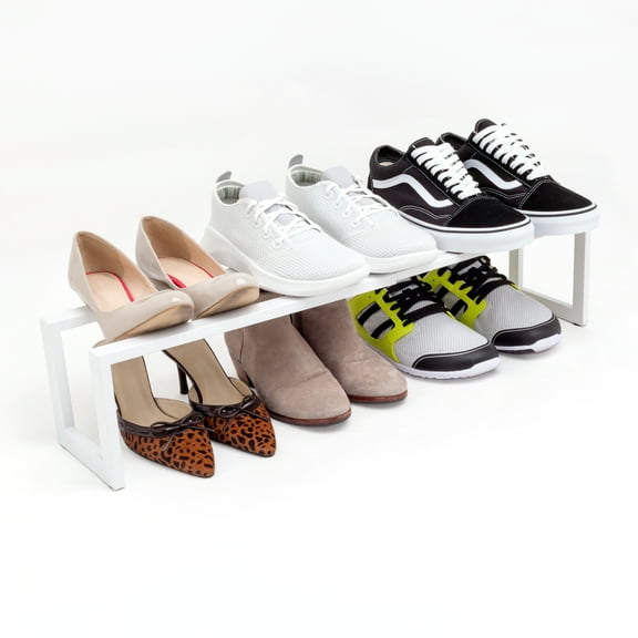 Qualiazero Heavy-Duty Steel Expandable Shoe Rack, 2-Tier, Stacking Storage Organizer, Adjustable Length, Entryway / Closet, Matte White