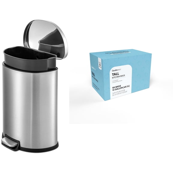 Qualiazero Kitchen Trash Can, 13 Gallon Stainless Steel D-Shape Step Garbage Bin with Trash Bags