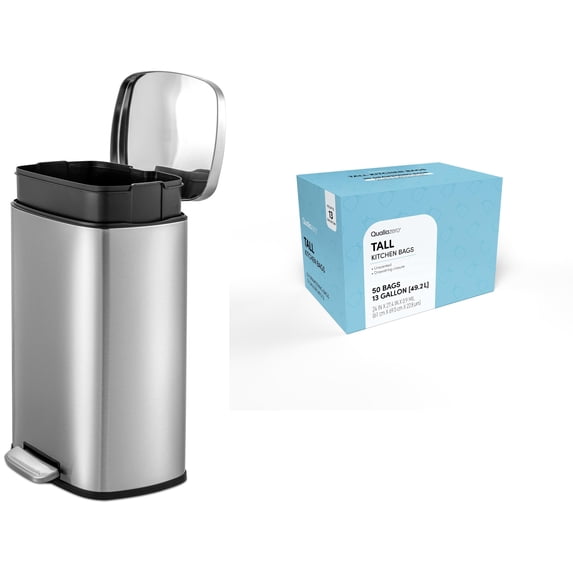 Qualiazero Kitchen Trash Can, 13 Gallon Stainless Steel Rectangular Step Garbage Bin with Trash Bags