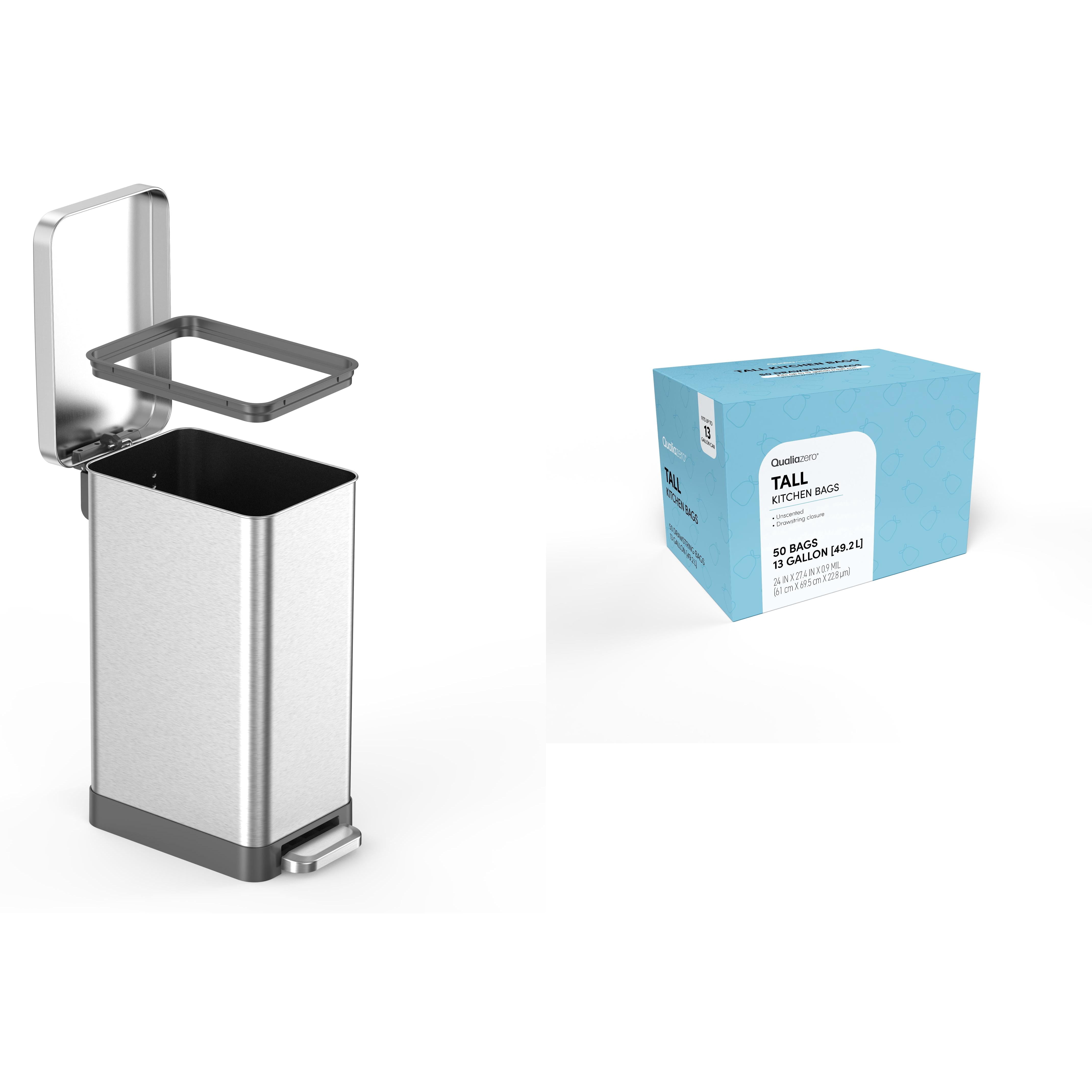 Qualiazero Kitchen Trash Can, 13 Gallon Stainless Steel Slim Step Garbage Bin with Trash Bags