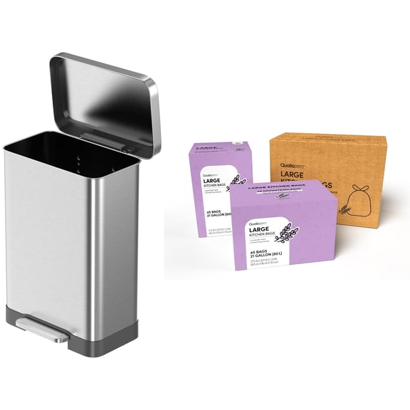 Qualiazero Kitchen Trash Can, 20 Gallon Stainless Steel Rectangle Step Garbage Bin with Trash Bags