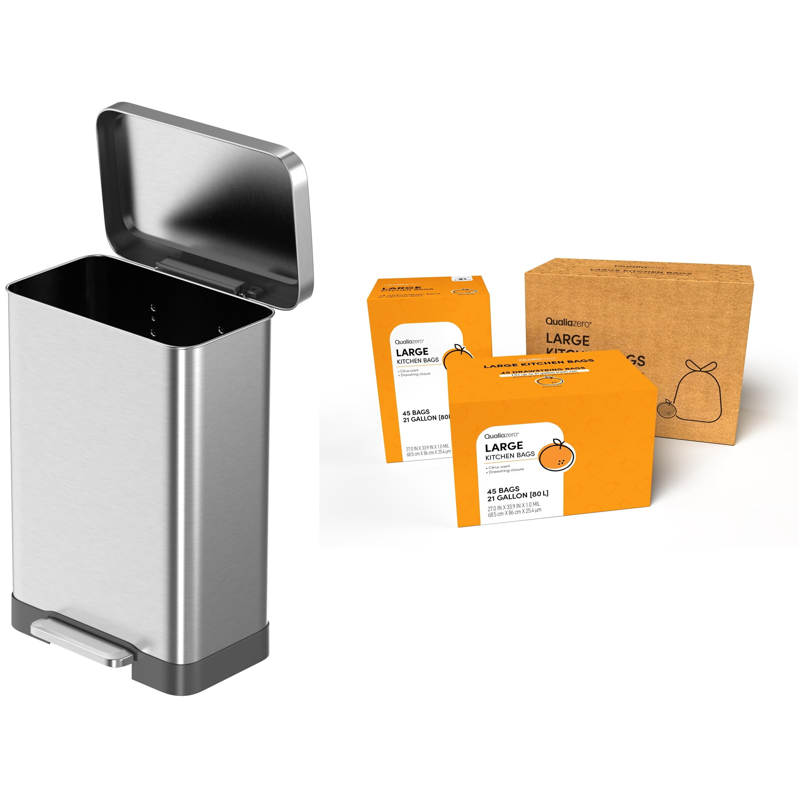 Qualiazero Kitchen Trash Can, 20 Gallon Stainless Steel Rectangle Step Garbage Bin with Trash Bags