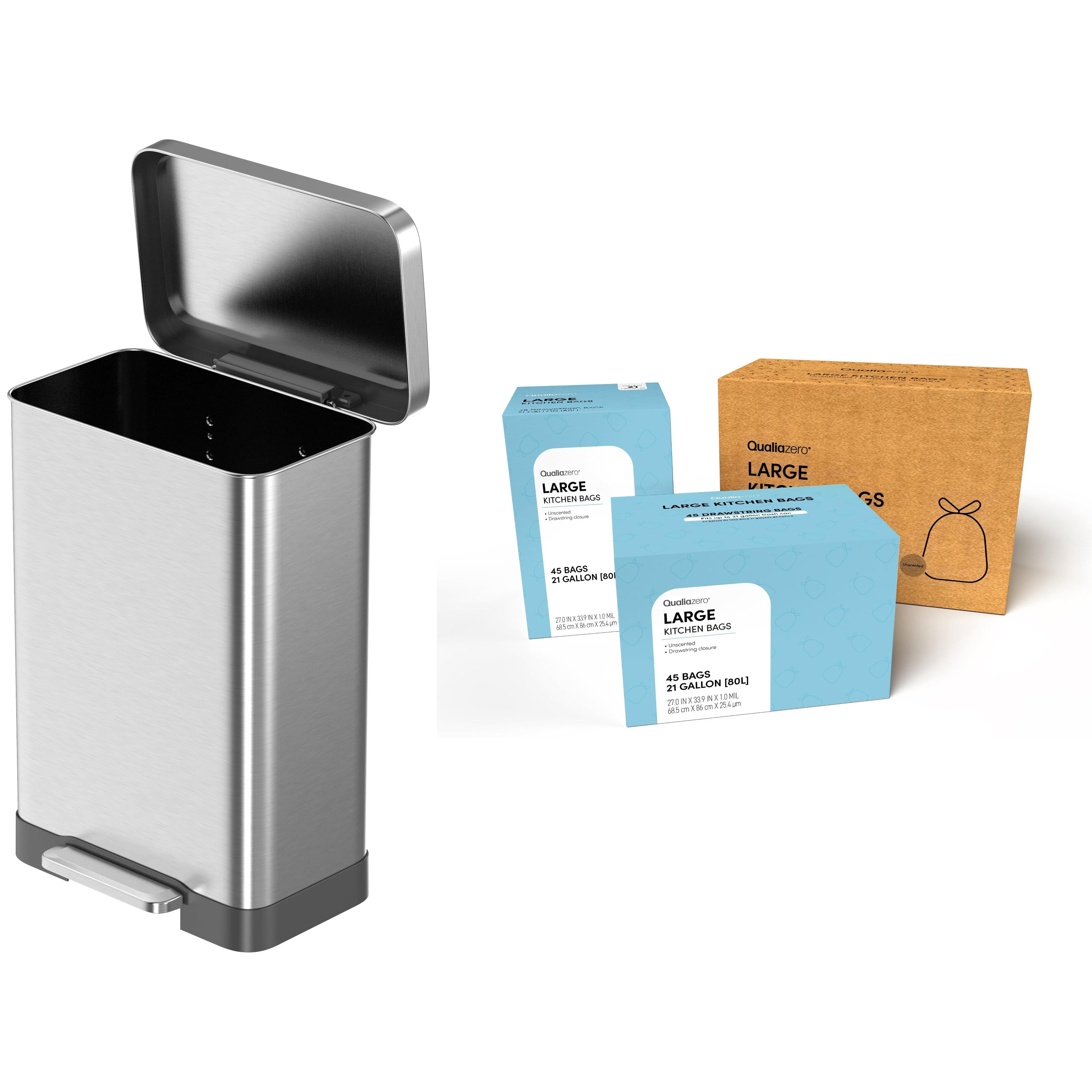 Qualiazero Kitchen Trash Can, 20 Gallon Stainless Steel Rectangle Step Garbage Bin with Trash Bags