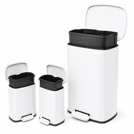 Qualiazero Kitchen Bathroom Trash Can Combo, 13.2 Gallon and Two 1.3 Gallon Stainless Steel Step Garbage Bin with Soft Close Lid, White