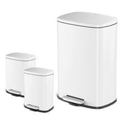 Qualiazero Kitchen Bathroom Trash Can Combo, 13.2 Gallon and Two 1.3 Gallon Stainless Steel Step Garbage Bin with Soft Close Lid, White