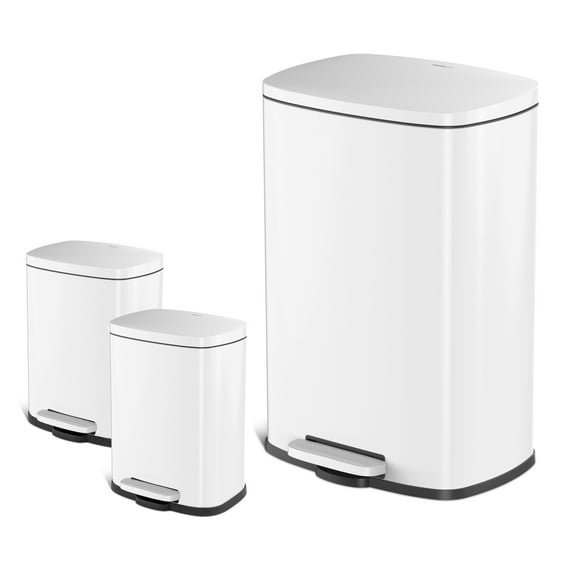 Qualiazero 3-Piece Rectangular Step-On Trash Can Combo, 13.2 Gallon Kitchen & Two 1.3 Gallon Bathroom Cans, Soft-Close Lid, Shiny White