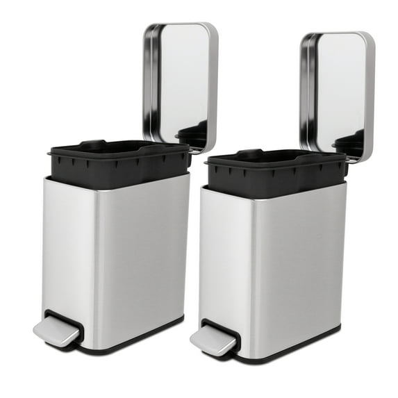 Qualiazero 1.3 Gallon (5L) Stainless Steel Slim Step-On Trash Can "Twin Pack", Soft-Close Lid, Small Bathroom Garbage Bin Set, Silver