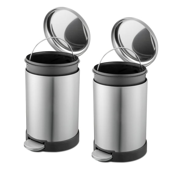 Qualiazero Trash Can, 1.6 Gal Round Step On Trash Can, Stainless Steel, Pack of 2