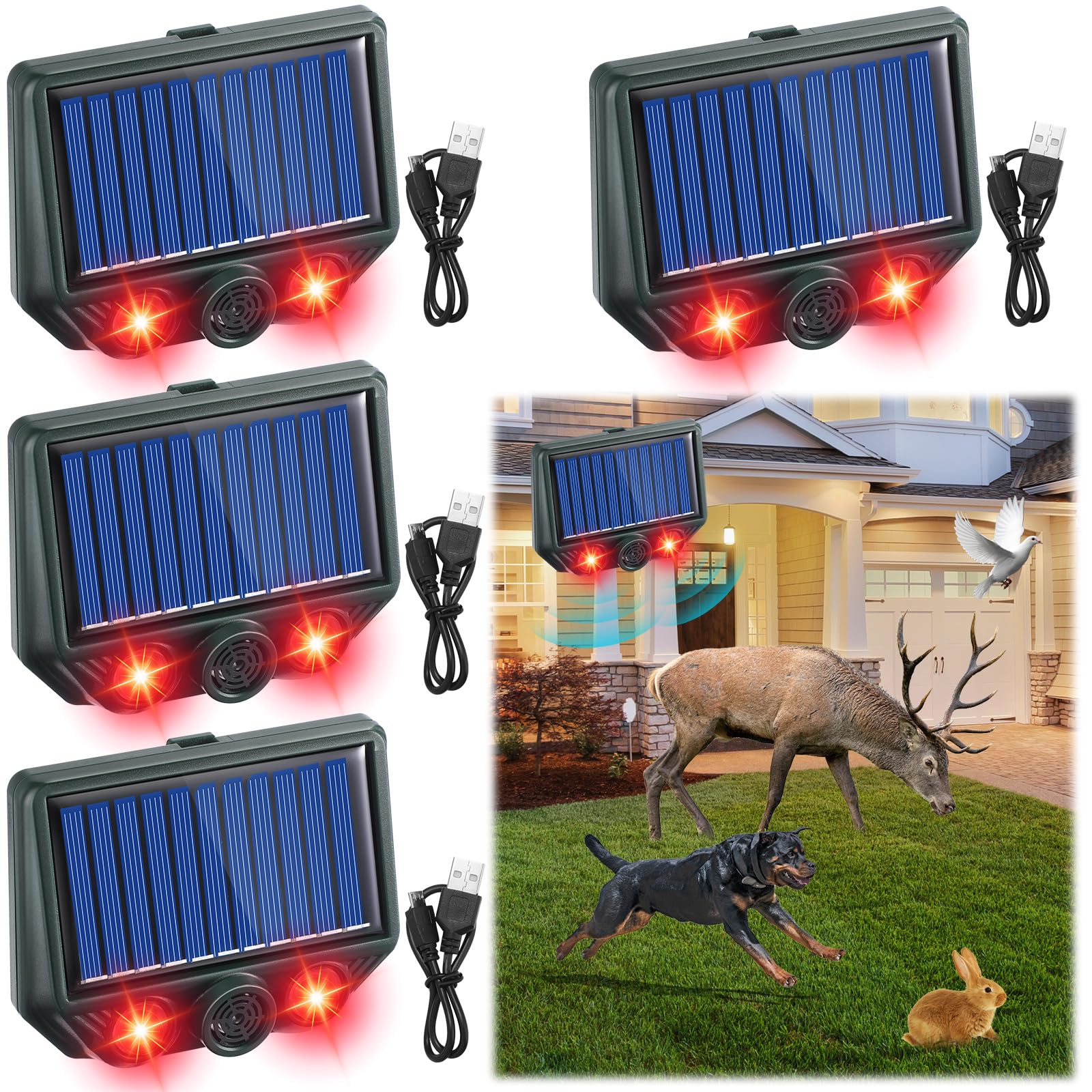 Qualirey 4 Pack Solar Ultrasonic Cat Repellent Outdoor Deer Repellent