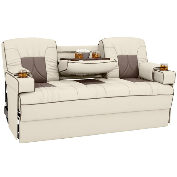 Qualitex De Leon Console SL RV Sofa Bed, 68" Wide, Ulitmate Leather, Bisque and Light Antelope