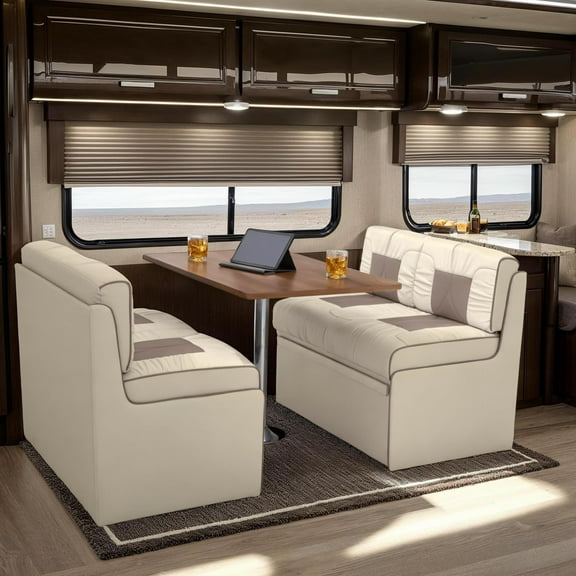 Qualitex De Leon RV Dinette, Bed with Storage and Riviera Oak Table, Ultimate Leather, Bisque and Light Antelope