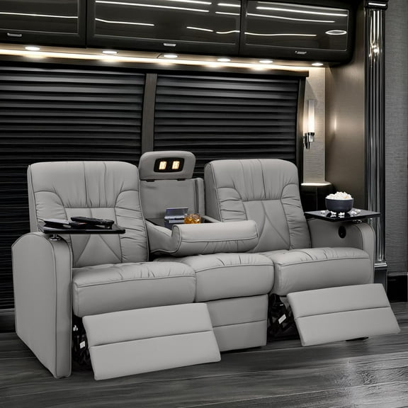 Qualitex De Leon RV Double Recliner Sofa, Ultimate Leather, Heat and Massage, Power Recline, Ash