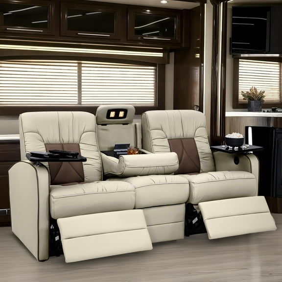 Qualitex De Leon RV Double Recliner Sofa, Ultimate Leather, Heat and Massage, Power Recline, Bisque & Light Antelope