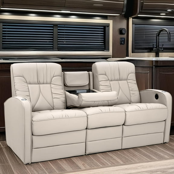 Qualitex De Leon RV Double Recliner Sofa, Ultimate Leather, Manual Recline, Bisque