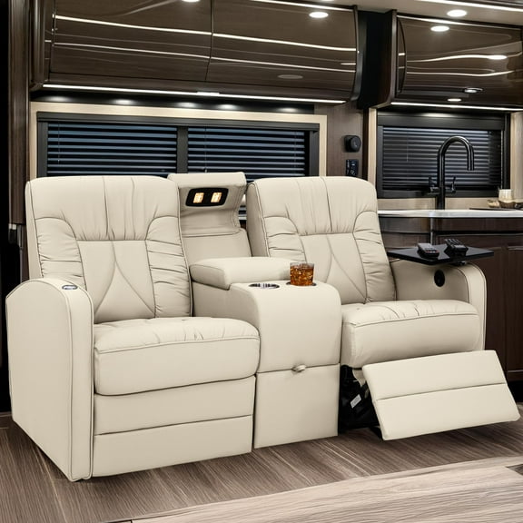 Qualitex De Leon RV Loveseat w/Storage Console, Ultimate Leather, Heat and Massage, Power Recline, Bisque