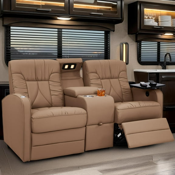 Qualitex De Leon RV Loveseat w/Storage Console, Ultimate Leather, Heat and Massage, Power Recline, Light Sand