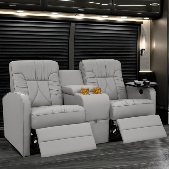 Qualitex De Leon RV Loveseat w/ Storage Console, Ultimate Leather, Manual Recline, Ash