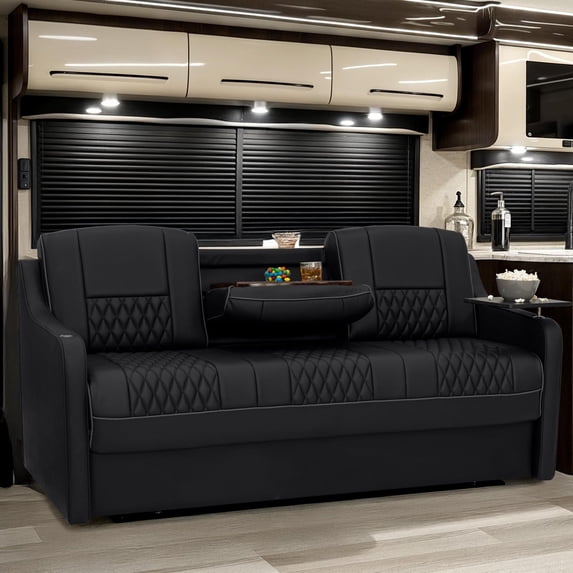 Qualitex Gravitas DX Console RV Sofa Bed - 72" Wide - Black & Charcoal Ultimate Leather