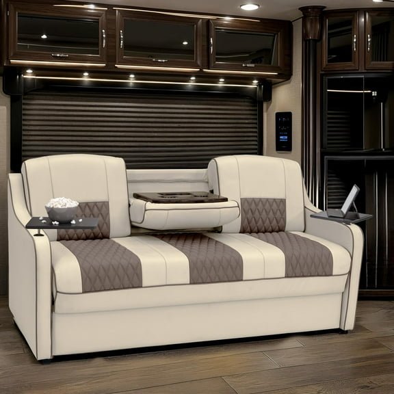 Qualitex Monument Console DX RV Sofa Bed - 72" Wide - Bisque & Light Antelope Ultimate Leather