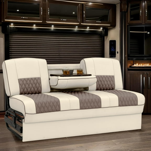 Qualitex Monument Console RV Sofa Bed - 66" Wide - Bisque & Light Antelope Ultimate Leather