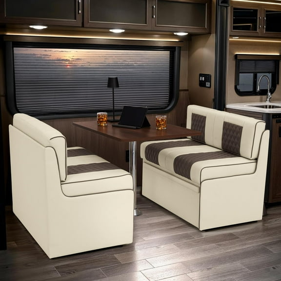 Qualitex Monument RV Dinette, Bed with Storage and Riviera Oak Table, Ultimate Leather, Bisque and Light Antelope
