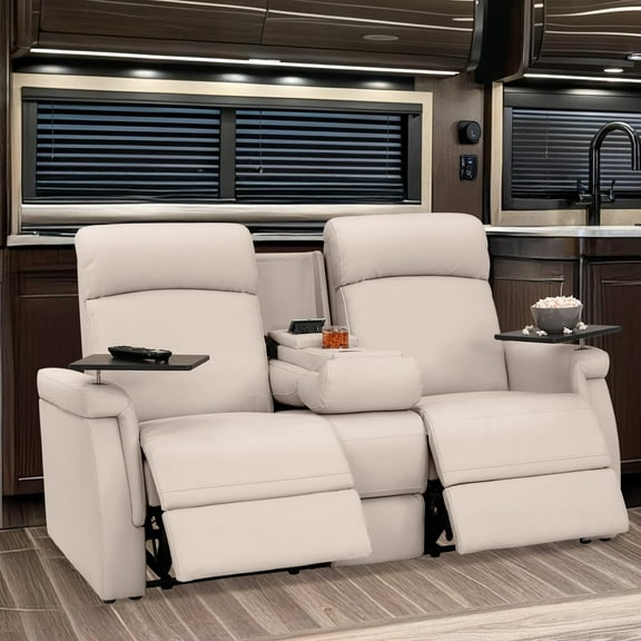 Qualitex Odyssey RV Double Recliner Sofa, Ultimate Leather, Heat & Massage, Power Lumbar, Power Recline, Bisque