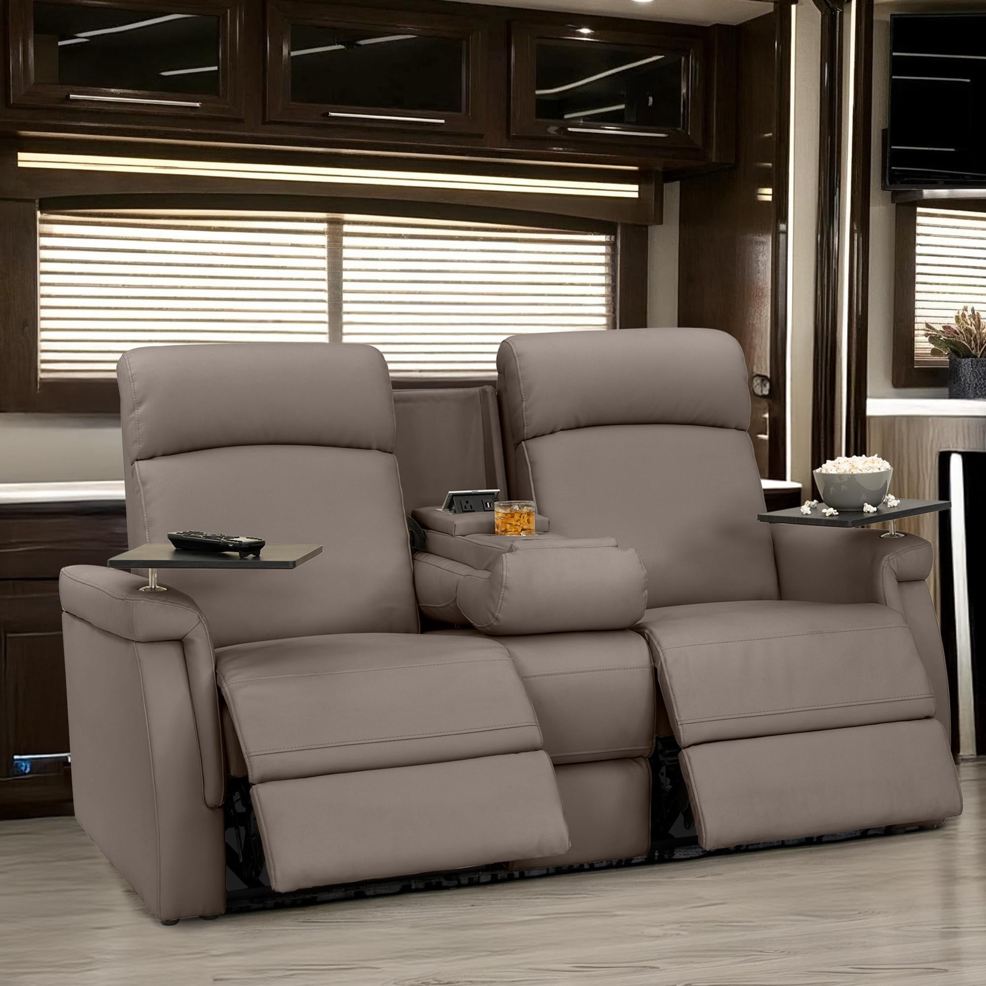 Qualitex Odyssey RV Double Recliner Sofa, Ultimate Leather, Heat & Massage, Power Lumbar, Power Recline, Light Antelope
