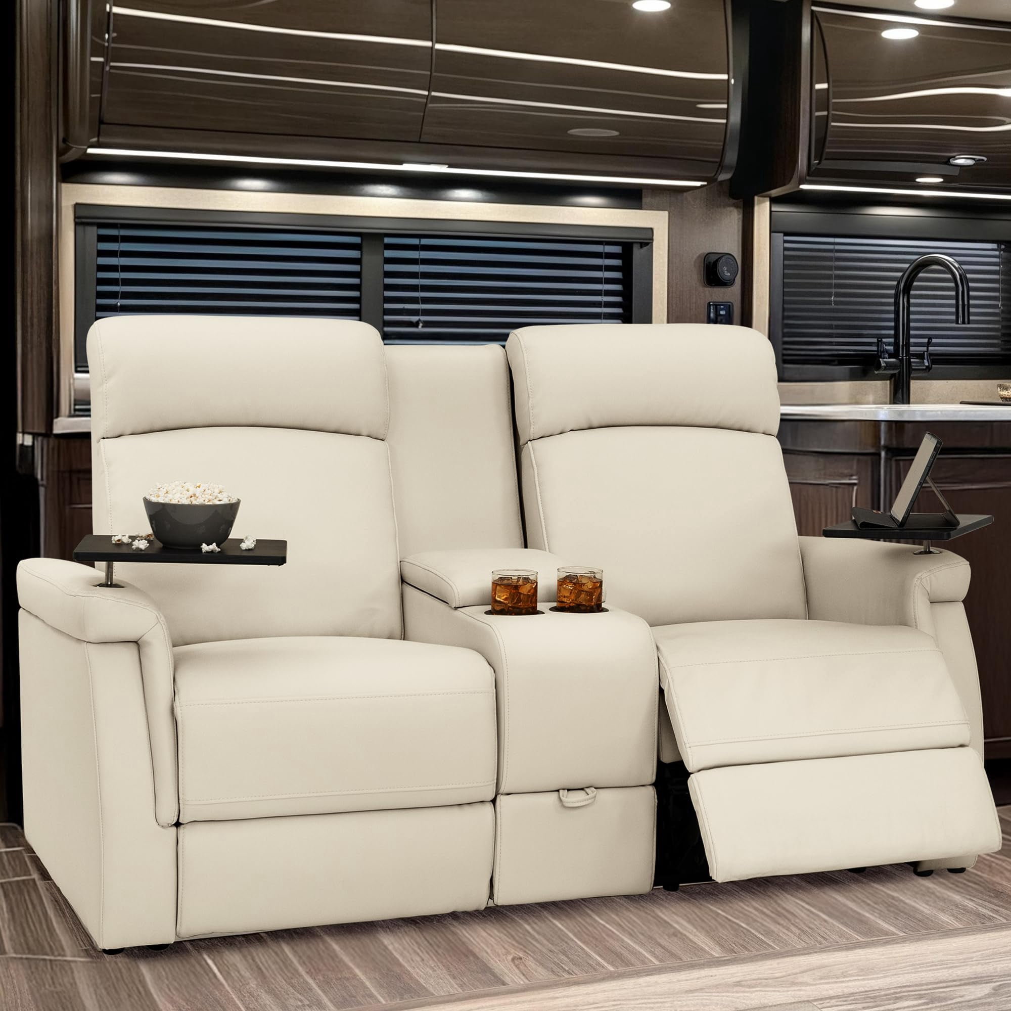 Qualitex Odyssey RV Loveseat w/Storage Console, Ultimate Leather, Heat & Massage, Power Lumbar, Power Recline, Bisque