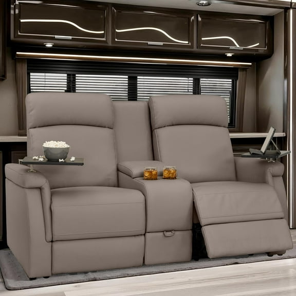 Qualitex Odyssey RV Loveseat w/Storage Console, Ultimate Leather, Heat & Massage, Power Lumbar, Power Recline, Light Antelope