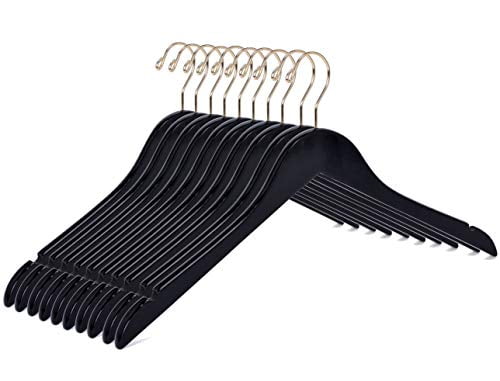 Quality Black Wooden Hangers - Slightly Curved Hanger Set of 20-Pack -  Solid Wood Coat Hangers with Stylish Chrome Hooks - Heavy-Duty Clothes,  Jacket, Shirt, Pants, Suit Hangers (Black-Gold Hook, 20) 