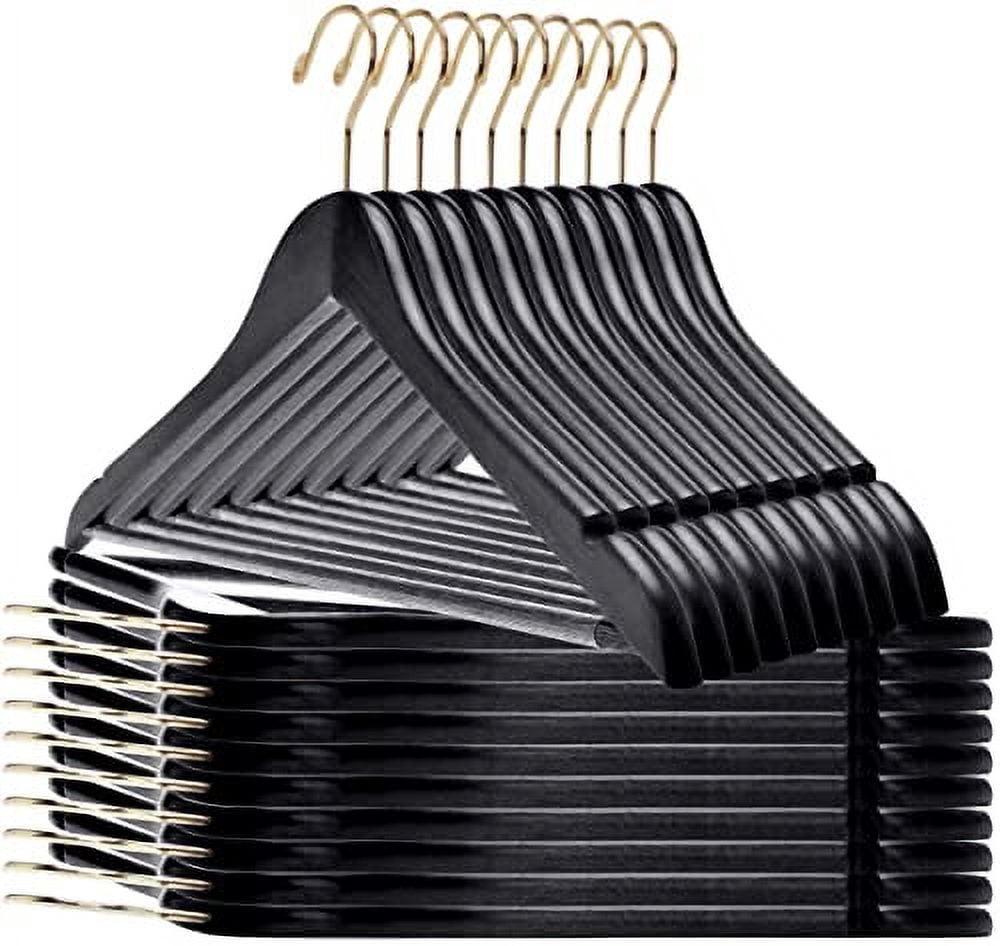 Quality Black Wooden Hangers - Slightly Curved Hanger Set of 30-Pack - Solid Wood Coat Hangers with Stylish Chrome Hooks - Heavy-Duty Clothes, Jacket, Shirt, Pants, Suit Hangers (Black-Gold Hook, 30)