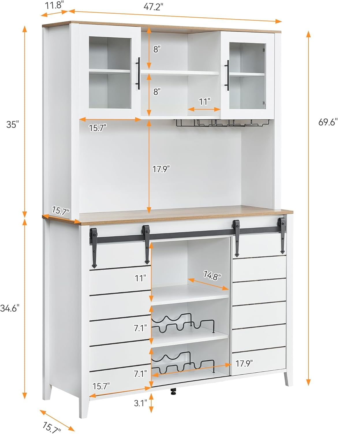 Versatile Spaces Rack Quality Brands White 70-Inch Farmhouse Bar Wine Cabinet with Sliding ...