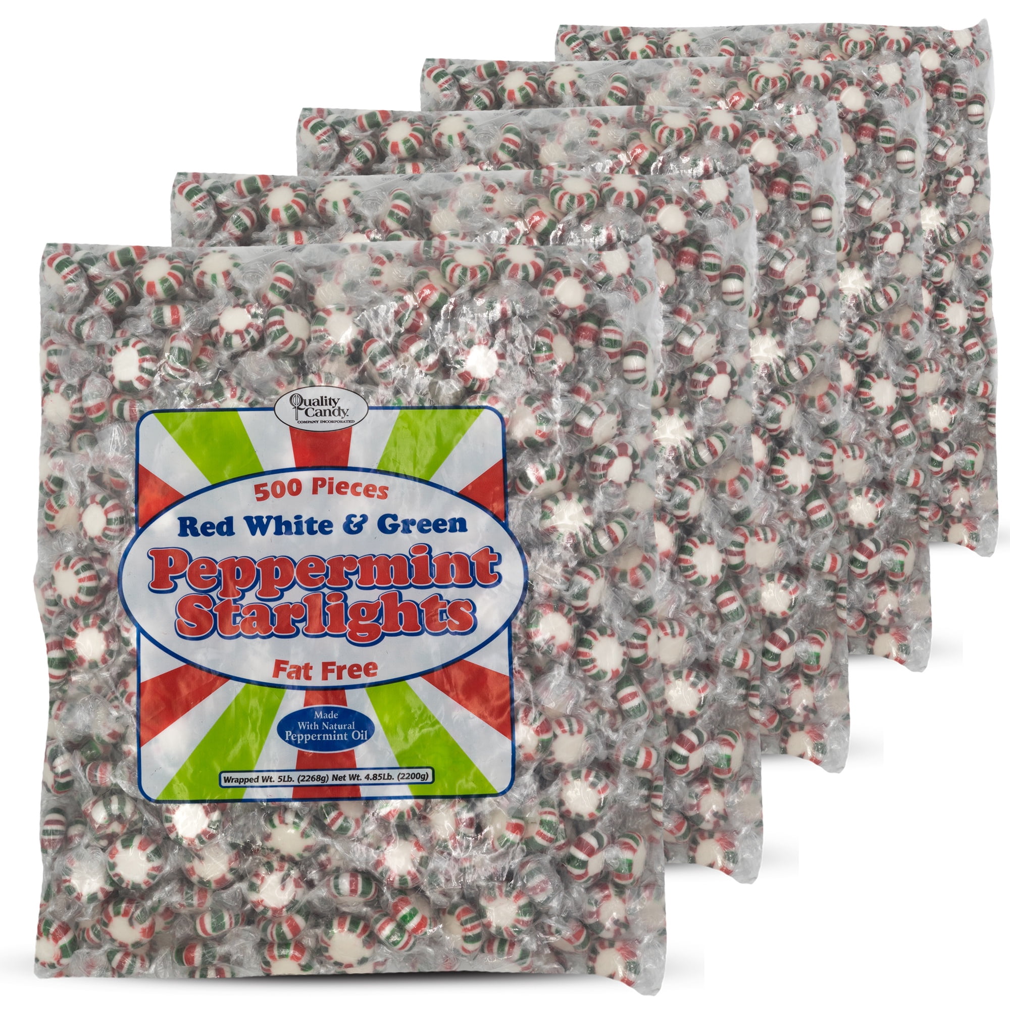Quality Candy Company Holiday Peppermint Starlight Mints – Festive Red, White & Green Hard Candy Made with Real Peppermint Oil – Individually Wrapped for Christmas Parties & Gift Bags, 5 LB Bulk Bag