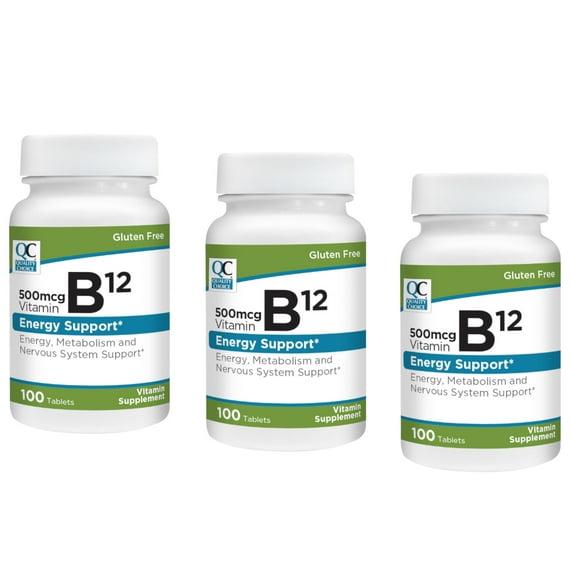 Quality Choice 500mcg Vitamin B12 Energy Support Tablets, 100 Count - Pack of 3
