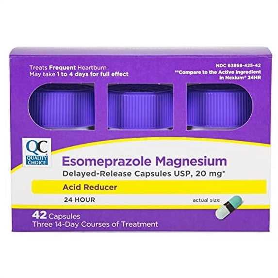 Quality Choice Esomeprazole Magnesium 20 mg Acid Reducer & Heartburn Relief, Delayed Release Capsules for 24 Hour (All Day and Night) Protection, 42 Count