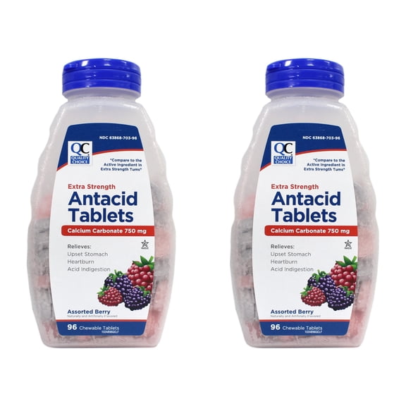 Quality Choice Extra Strength Antacid Tablets Calcium Carbonate 750 mg Assorted Berry Chewable 96 Count (Pack of 2)