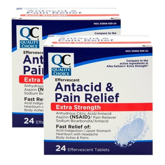 Quality Choice, Extra Strength Effervescent Antacid & Pain Relief Tablets, Relief from Acid Indigestion, Upset Stomach, Heartburn, 24 Tablets - 2 Pack
