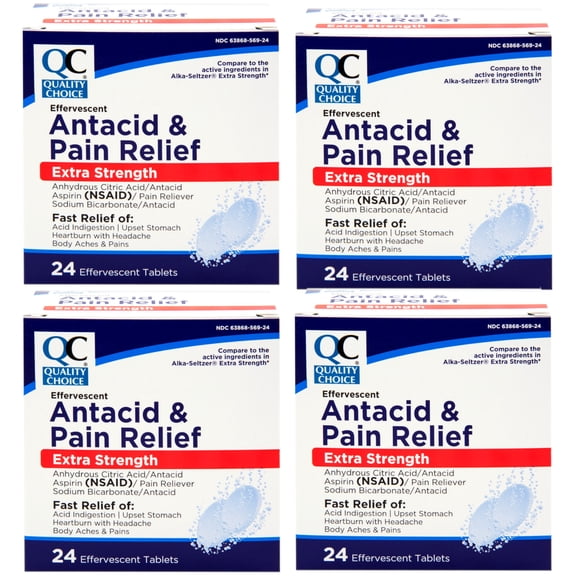 Quality Choice, Extra Strength Effervescent Antacid & Pain Relief Tablets, Relief from Acid Indigestion, Upset Stomach, Heartburn, 24 Tablets - 4 Pack