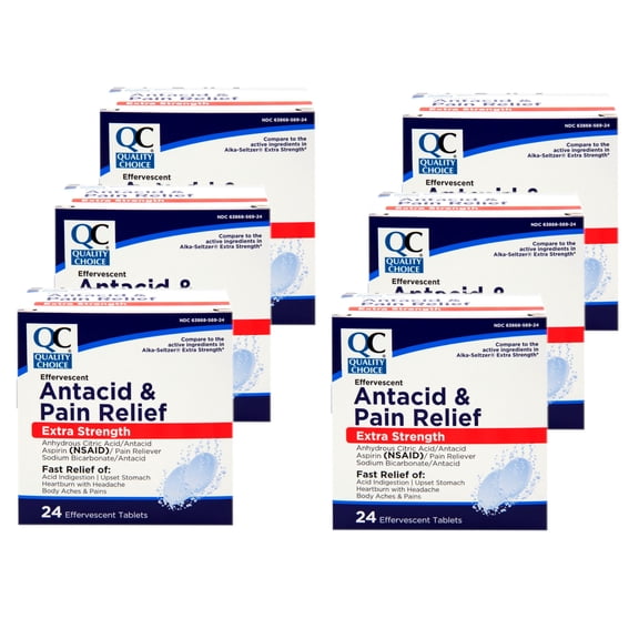 Quality Choice, Extra Strength Effervescent Antacid & Pain Relief Tablets, Relief from Acid Indigestion, Upset Stomach, Heartburn, 24 Tablets - 6 Pack