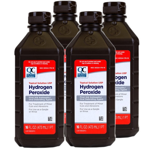 Quality Choice Hydrogen Peroxide First Aid Antiseptic / Liquid for Wounds, Cuts, 16 FL OZ - 4 Pack