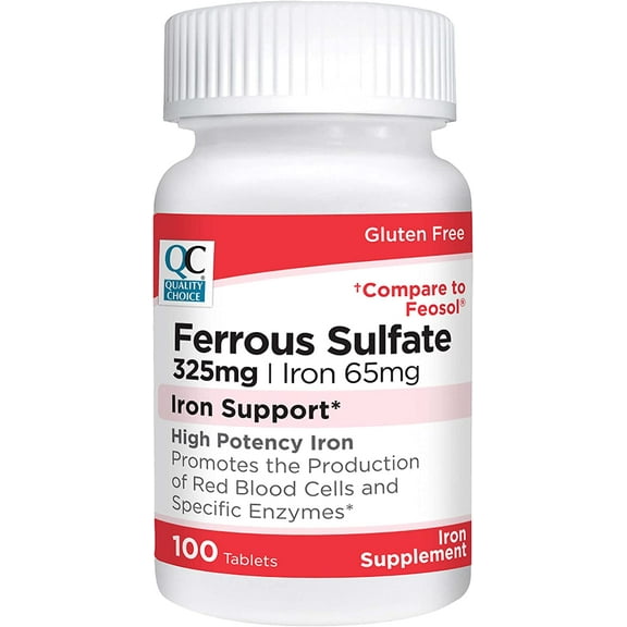 Quality Choice Iron 65 mg (325 mg Ferrous Sulfate) High Potency Iron Support Supplement Tablets in 100 Count Bottles