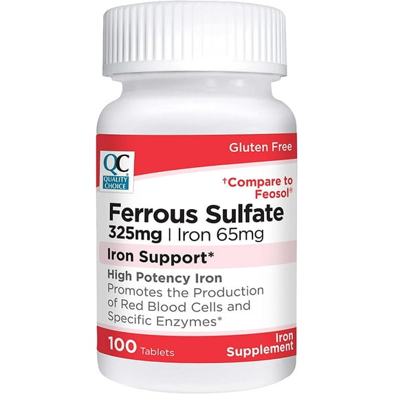 Quality Choice Iron 65 mg (325 mg Ferrous Sulfate) High Potency Iron Support Supplement Tablets in 100 Count Bottles