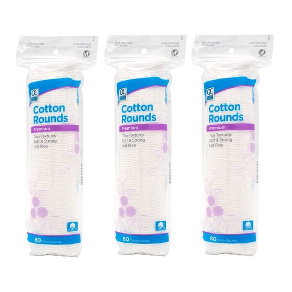 Quality Choice Premium Cotton Rounds Soft Strong Lint Free Two Textures 80 Count (Pack of 3)