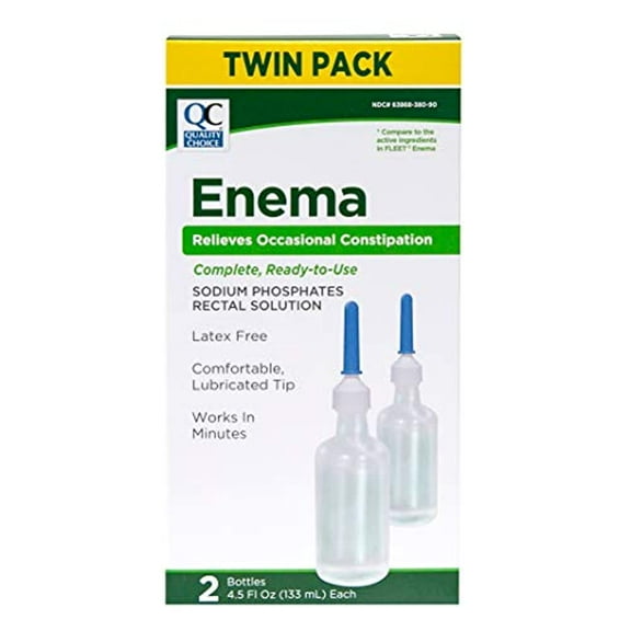 Quality Choice Ready-to-Use, Sodium Phosphates Rectal Solution, Enema Twin Pack, Latex Free, Lubricated Tips, 4.5 fl oz, 2 Ct