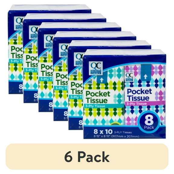 (6 pack) Quality Choice Tissue Pocket Packs 3-Ply White 8 Packets Each