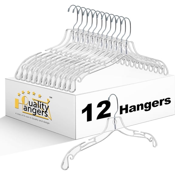 Quality Clear Hangers 12 Pack - Crystal Hangers for Clothes - Durable Plastic Hanger Set - Invisible Dress for Suits - Heavy Duty - Nonslip Coat and Shirt